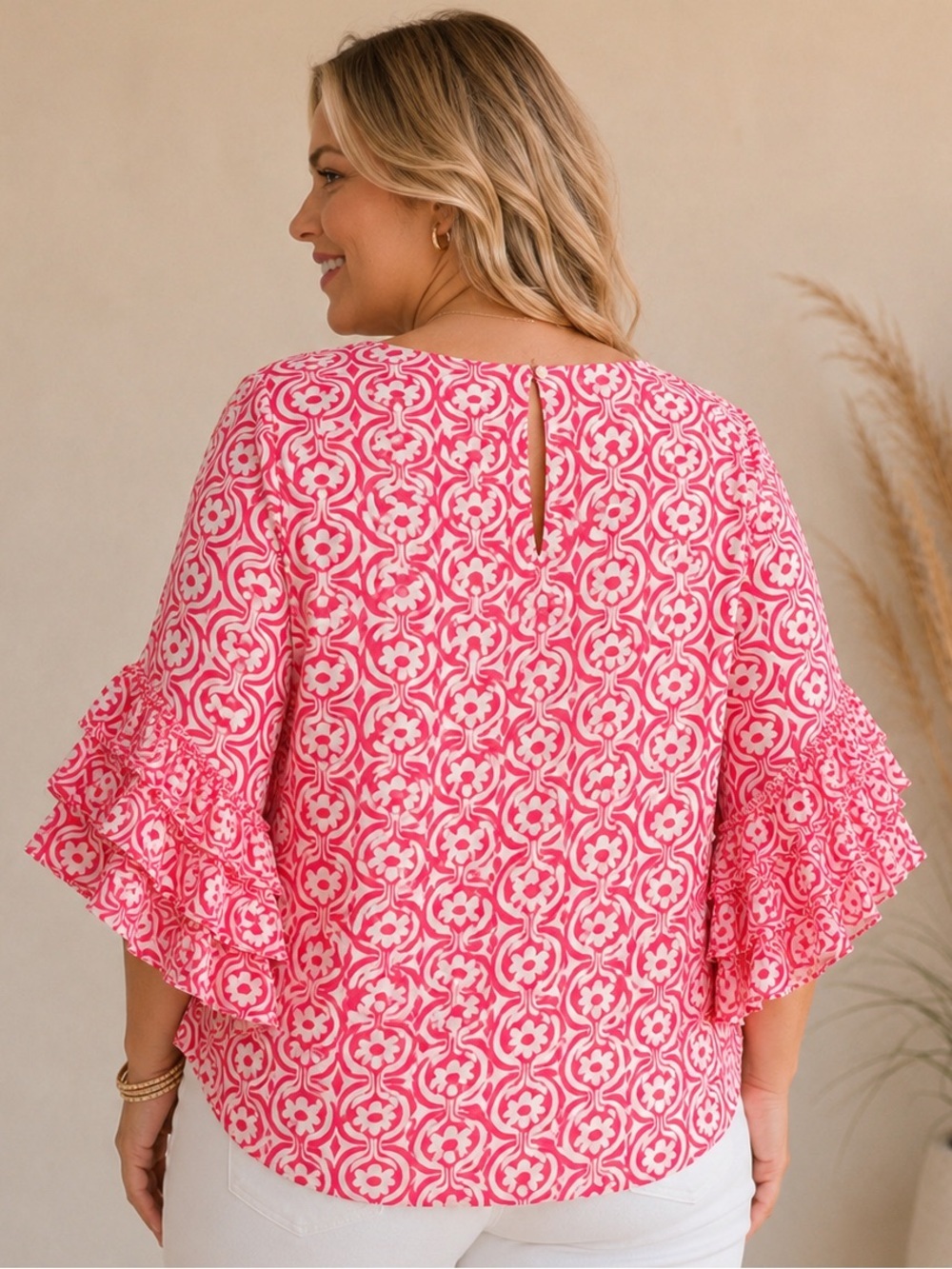 Pink Patterned Ruffle-Sleeve Women's Top - Picture 2 of 4